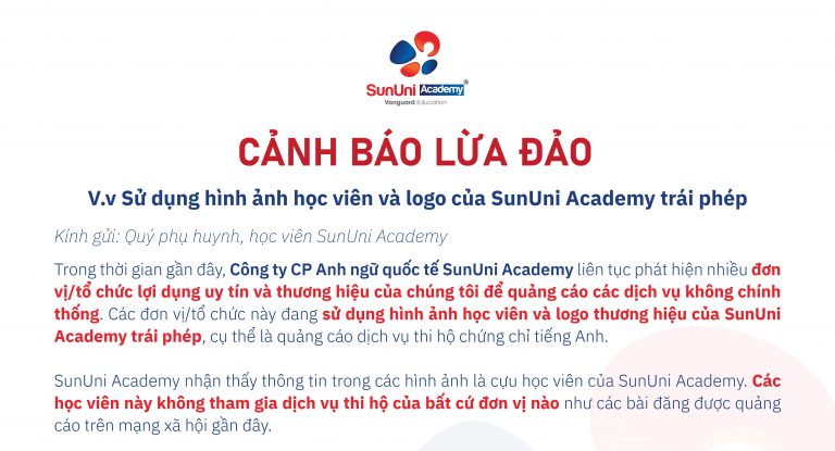 Cảnh báo lừa đảo v.v Sử dụng hình ảnh học viên và logo của SunUni Academy trái phép