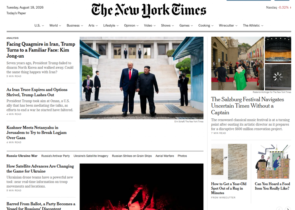 Giao diện The New York Times - nguồn đọc báo luyện IELTS Reading nâng cao dải C1 C2 - SunUni Academy