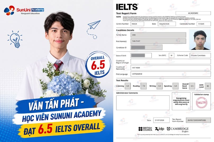 Học viên đạt 6.5 IELTS tại SunUni Academy